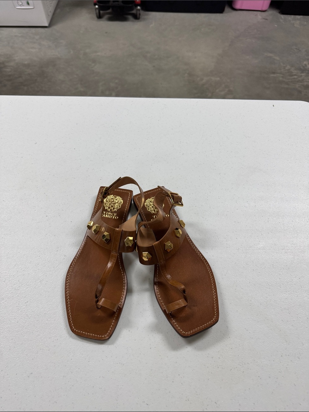Vince  camuto  Brown Leather Studded Thong Sandals